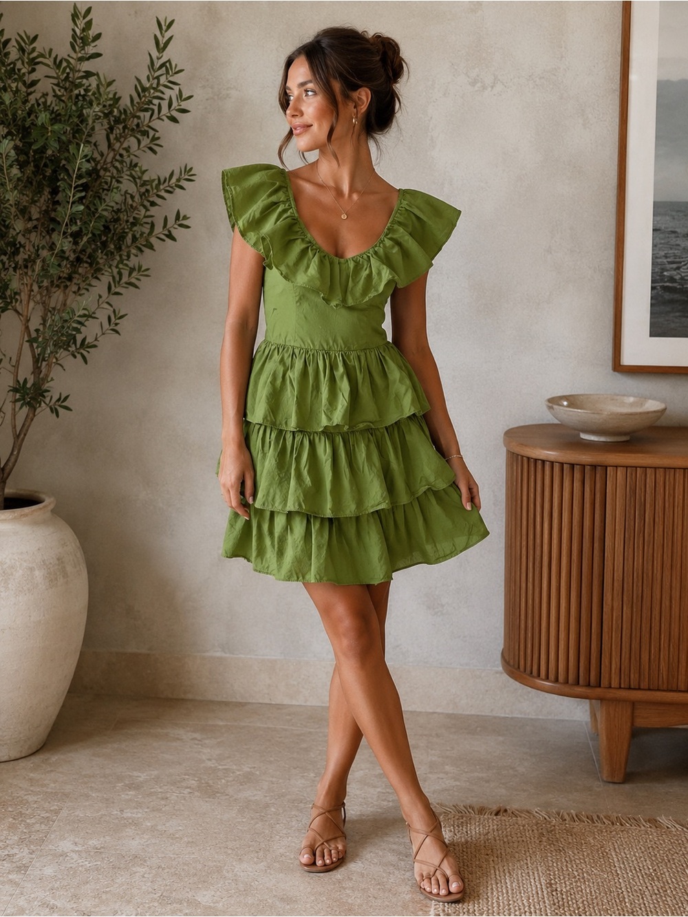 Olive Green Tiered Ruffle Dress
